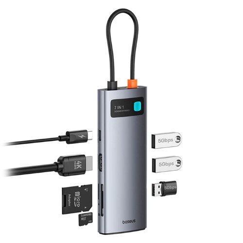Baseus Joystar 7 in 1 USB-C Uscita HDMI 4K@60Hz, PD 100W, 3 USB-A 3.0 5Gbps, Lettore Schede SD/TF, Docking Station 