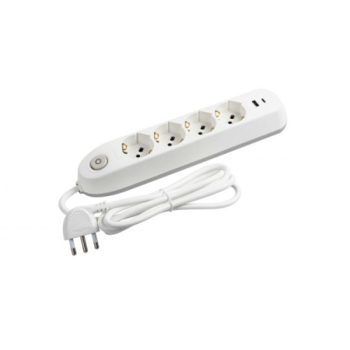 Bticino Multipresa POKER con 4 Prese 2P+T per Spine Tedesche e Spine Italiane 10A e 16A, 2 Prese USB, Interruttore di Sicurezza e Cavo da 1,5 Metri, Spina Salvaspazio da 16A - Colore Bianco