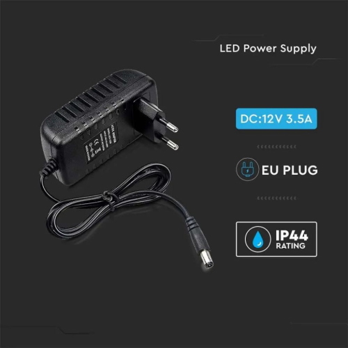 V-TAC Alimentatore 12V 42W 3,5A per Telecamere, Strisce LED, Modem, Monitor - Input AC 100-240V 50/60Hz, Nero IP44